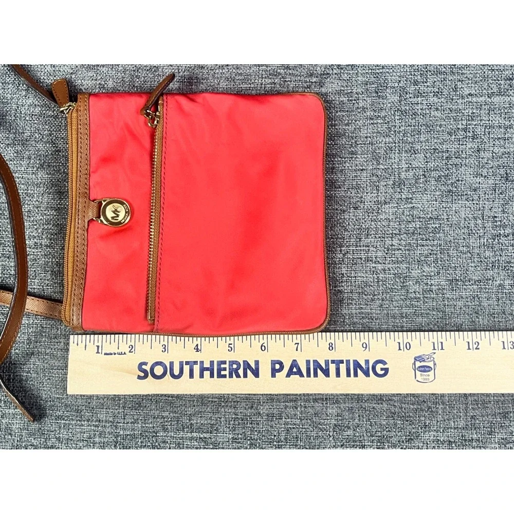 Michael Kors Red Nylon Tan Leather Trim Crossbody Bag Gold Logo Small Messenger